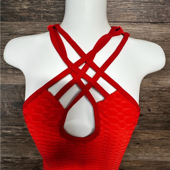 Qiaoya Textured Bright Red Romper Bodysuit NWT Women’s Size S/M - Picture 6 of 10